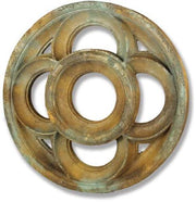 Ornate round medallion with interlocking rings, featuring old world European and Gothic architectural detailing. Side View