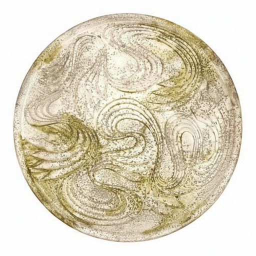 Ornate round plate featuring swirling, old world European patterns with a classical, Renaissance-inspired decorative motif. Side View