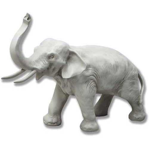 Elephant figurine with raised trunk, detailed classical sculpting, old world European style, ornate and lifelike features.