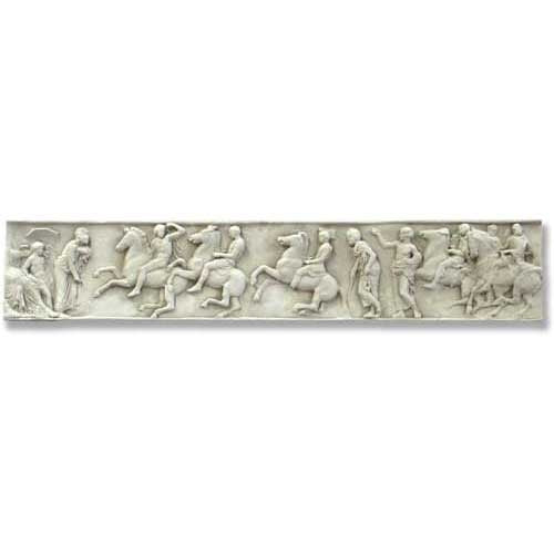 Classical Greek frieze featuring ornate, detailed figures of horsemen and attendants in dynamic procession, inspired by ancient reliefs.