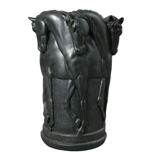 Baroque-style ornate vase featuring three sculpted horses with elongated necks and classical detailing in an old world European design.