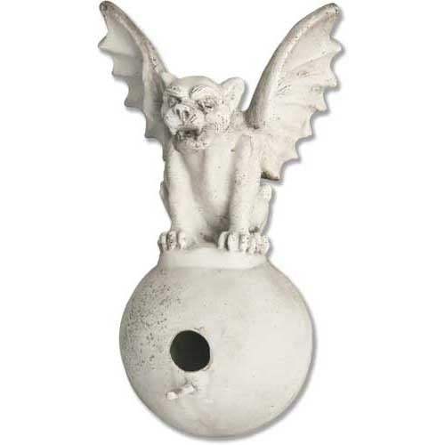 Gothic gargoyle with outstretched wings perched atop a round, ornate birdhouse, featuring medieval and old world European details.