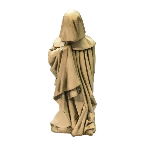 Hooded medieval figure statue with draped, flowing robes in an old world European Gothic style, facing away.