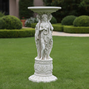Classical pedestal table featuring three ornate, draped female figures in an old world European, Renaissance-inspired design. Side Angle