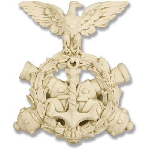 Eagle perched atop an anchor and laurel wreath with crossed cannons, featuring ornate old world European and classical detailing.