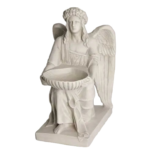 Kneeling angel statue with ornate wings and classical robes holding a decorative bowl, inspired by old world European design.