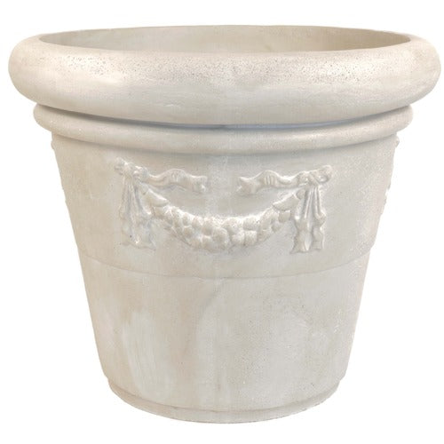 Ornate classical planter with raised garland motif and rounded rim, featuring old world European and Renaissance-inspired detailing.
