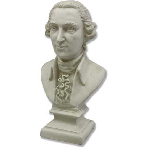 Classical old world European bust sculpture with ornate detailing, featuring a ruffled cravat and elegant, refined facial features.