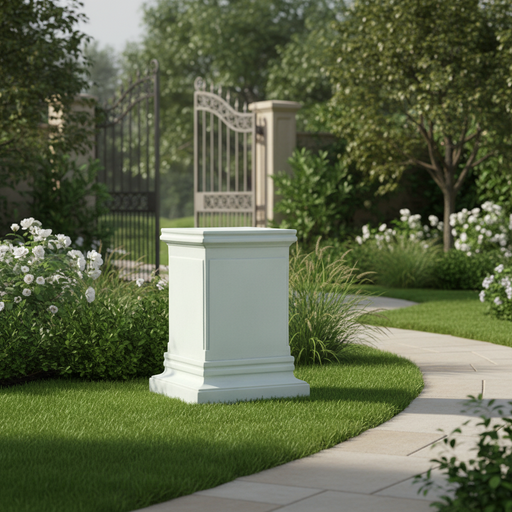 Classical pedestal with clean lines, paneled sides, and ornate molding in an old world European architectural style. Side Angle