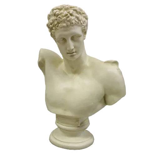 Classical Greek-style male bust with curly hair and detailed facial features, displayed on a round pedestal base. Side View