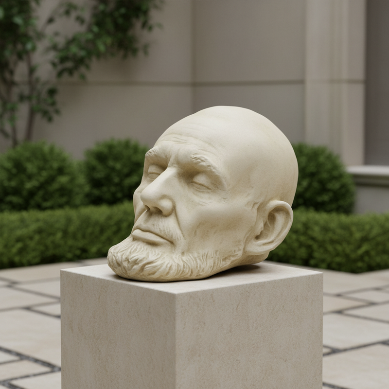 Classical old world European sculpted head with closed eyes, detailed facial features, and a prominent beard in Renaissance style. Side Angle