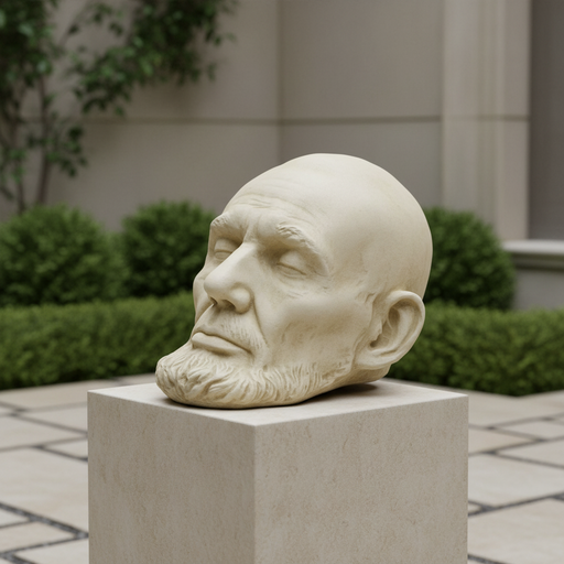Classical old world European sculpted head with closed eyes, detailed facial features, and a prominent beard in Renaissance style. Side Angle