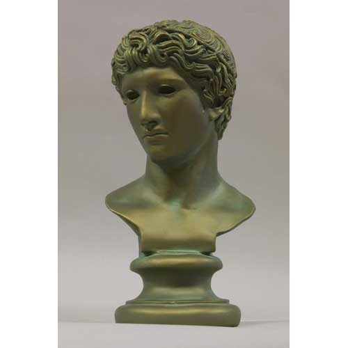Classical Greek-style bust with intricate curly hair and serene facial expression on a rounded pedestal base. Side Angle