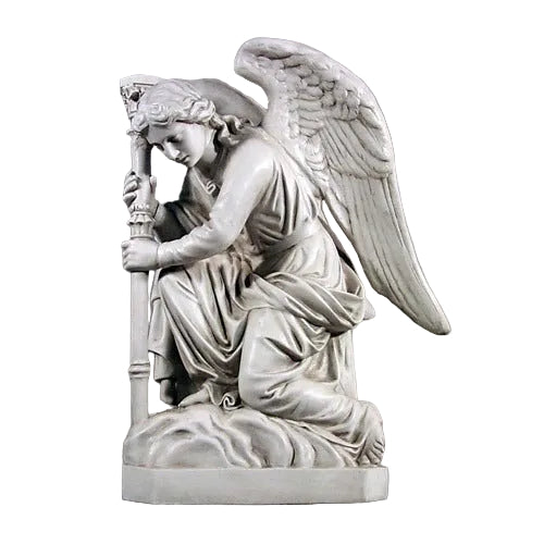 Kneeling angel statue with detailed wings and flowing robes, featuring ornate classical and old world European design elements. Side View