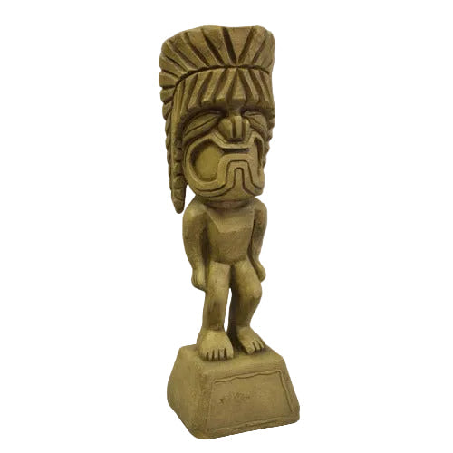 Carved statue featuring a stylized figure with an ornate headdress and geometric facial features, evoking classical tribal art.