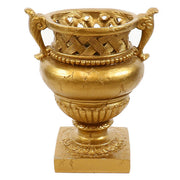 Ornate Baroque-style urn with intricate lattice rim, classical handles, and decorative pedestal base, evoking old world European elegance.