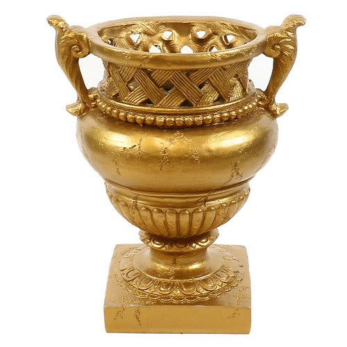 Ornate Baroque-style urn with intricate lattice rim, classical handles, and decorative pedestal base, evoking old world European elegance.