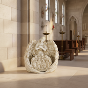 Nativity scene with Baroque angel and ornate old world European detailing, featuring classical figures in a protective winged embrace. Side Angle