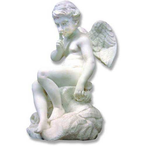 Cherub statue in classical Renaissance style, seated with finger to lips, detailed wings, and ornate old world European design.
