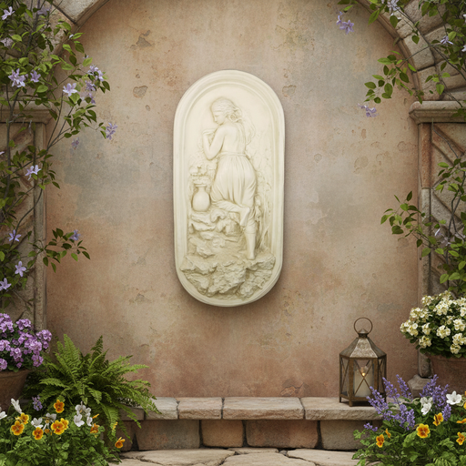 Classical bas-relief wall plaque featuring a woman in Renaissance style, kneeling by a jug amid ornate, old world European details. Side Angle