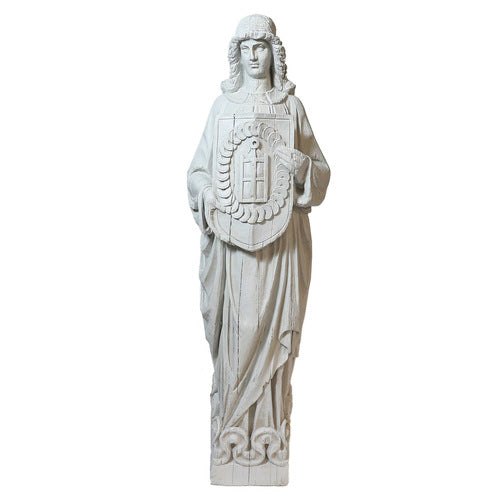 Medieval European knight statue holding an ornate shield, featuring classical and Gothic detailing with intricate carved patterns.