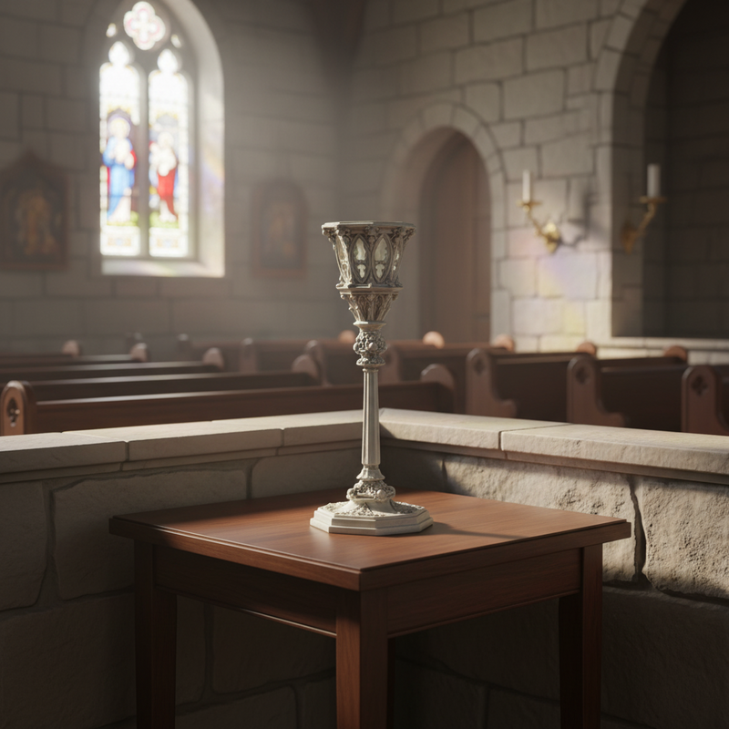 Ornate candlestick holder with Gothic arches, classical detailing, and intricate old world European motifs on a pedestal base. Side Angle