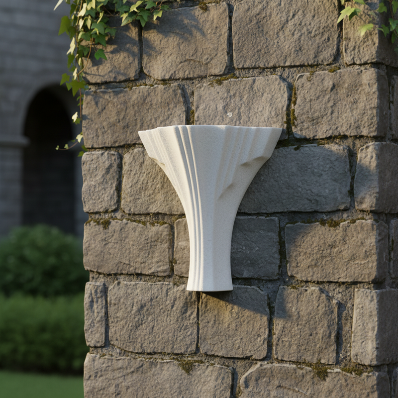 Fluted classical column capital with fan-shaped, symmetrical design and subtle Art Deco and Greek Revival influences. Side Angle