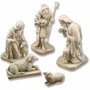 Nativity scene figurines in classical European style with shepherds, sheep, and a kneeling figure in ornate, detailed robes. Side View
