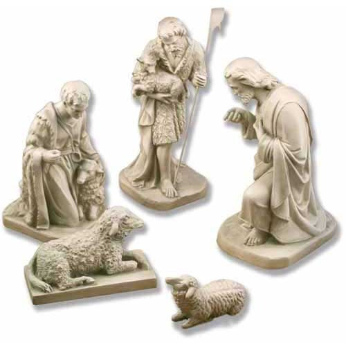 Nativity scene figurines in classical European style with shepherds, sheep, and a kneeling figure in ornate, detailed robes. Side View