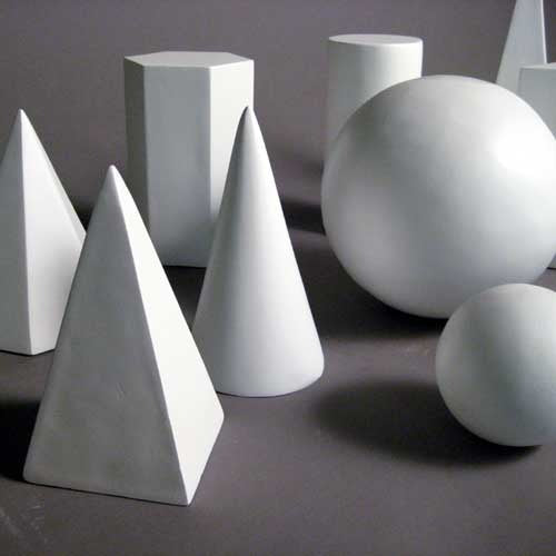 Geometric forms arranged in a group, featuring spheres, cubes, cones, pyramids, and cylinders in a classical study composition. Additional Angle
