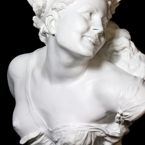 Bust of a smiling woman with laurel wreath, draped garment, and ornate detailing in classical Baroque style. Additional Angle