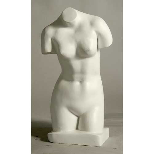 Classical Greek-style female torso sculpture with missing head and arms, featuring smooth, ornate contours and elegant proportions.