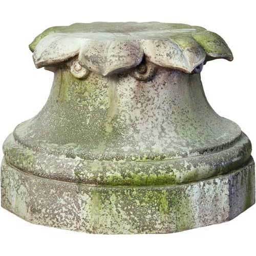 Ornate classical pedestal base with weathered, old world European detailing and leaf motif, evoking a Renaissance architectural style.