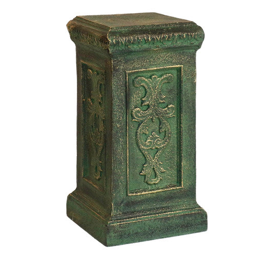 Ornate pedestal with classical old world European design, featuring intricate Baroque-style relief patterns and decorative edging. Side View