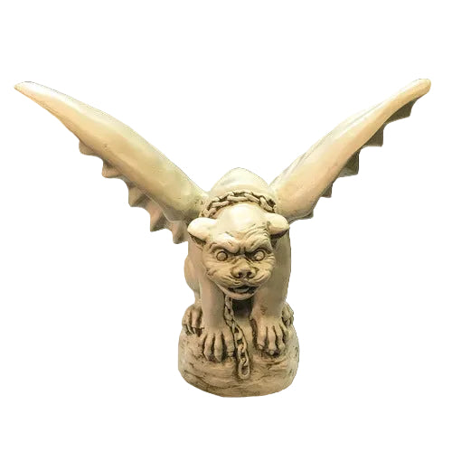 Gothic gargoyle statue with outstretched wings, fierce expression, and ornate chain detail in medieval European style. Side View