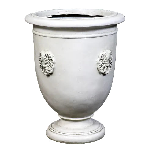 Classical urn planter with ornate Baroque shell motifs and a pedestal base, featuring old world European design elements. Side View