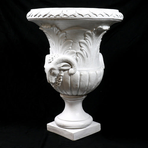 Ornate classical urn with Baroque detailing, acanthus leaf motifs, and ram head accents on a pedestal base. Different Angle