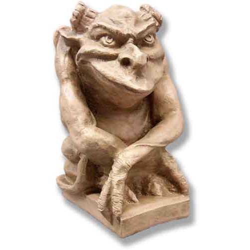 Gargoyle statue with a mischievous expression, crouched pose, and ornate old world European medieval style detailing.