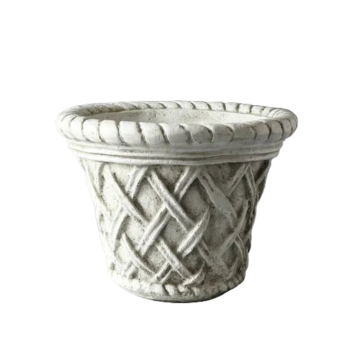 Ornate planter with classical old world European lattice pattern and braided rim, featuring a weathered, antique finish. Side View