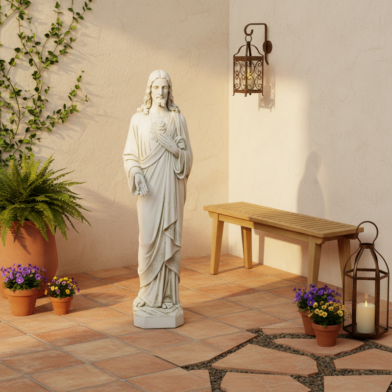 Sacred Heart of Jesus statue in classical old world European style with ornate drapery and detailed Renaissance-inspired features Side Angle
