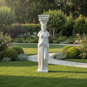 Caryatid column with classical Greek draped female figure and ornate capital in old world European architectural style. Side Angle