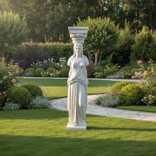 Caryatid column with classical Greek draped female figure and ornate capital in old world European architectural style. Side Angle