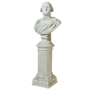 Classical bust of a man on an ornate fluted pedestal with acanthus leaf detailing, inspired by old world European sculpture. Side View