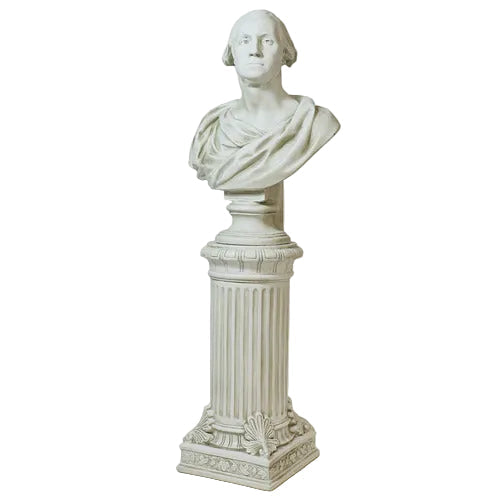 Classical bust of a man on an ornate fluted pedestal with acanthus leaf detailing, inspired by old world European sculpture. Side View