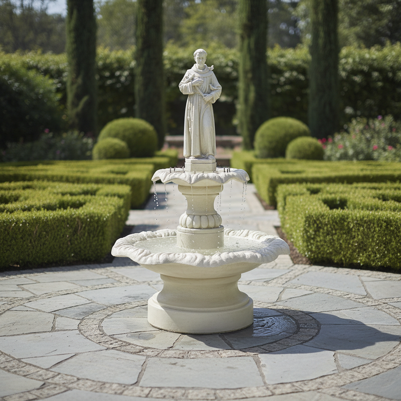 Saint statue fountain with ornate scalloped basin, classical pedestal, and old world European Renaissance-inspired detailing. Side Angle