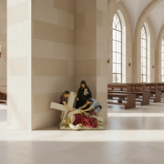 Baroque-style depiction of Christ fallen under the cross, assisted by two figures, with a sorrowful robed woman standing behind. Side Angle