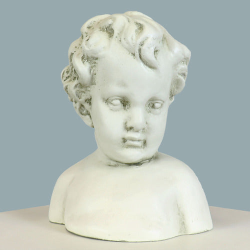 Classical cherub bust with ornate, curled hair and serene expression, inspired by Renaissance and old world European sculpture.