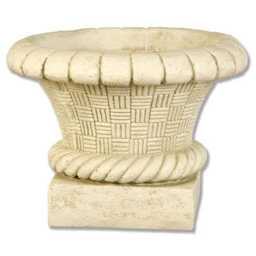 Ornate old world European planter with classical basketweave pattern, fluted rim, and twisted rope detail on a square base.