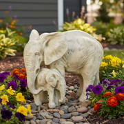Elephant and calf figurine with ornate, old world European detailing and classical sculptural style. Side Angle