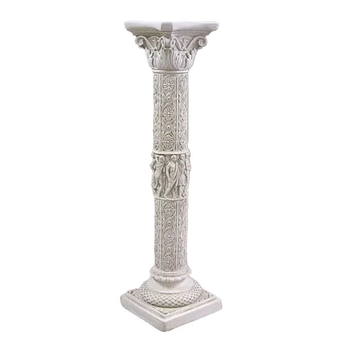 Ornate classical column with intricate Baroque detailing, fluted shaft, and sculpted figures in old world European style.